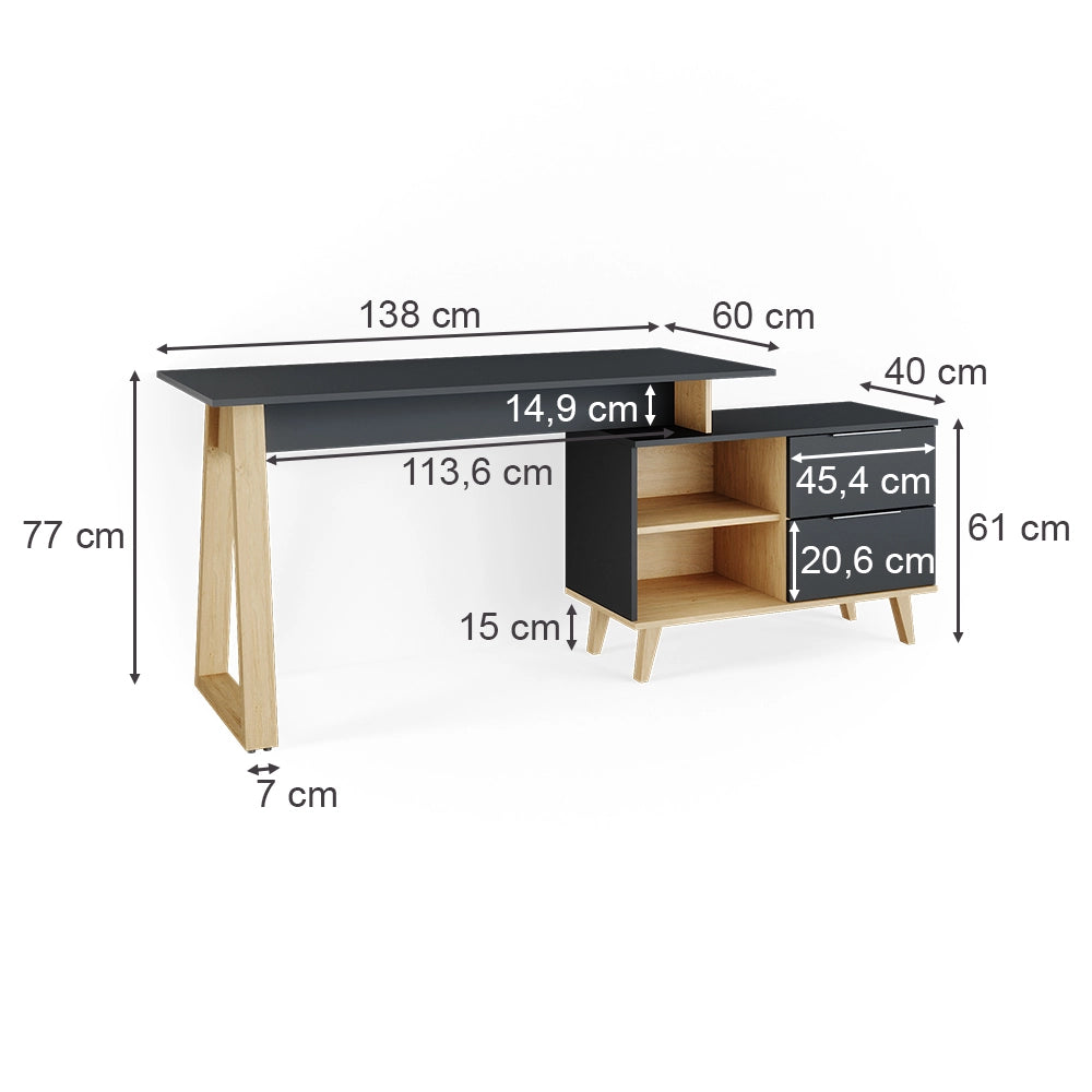Vicco Scrivania Antracite 138 x 60 cm con cassetti, XL