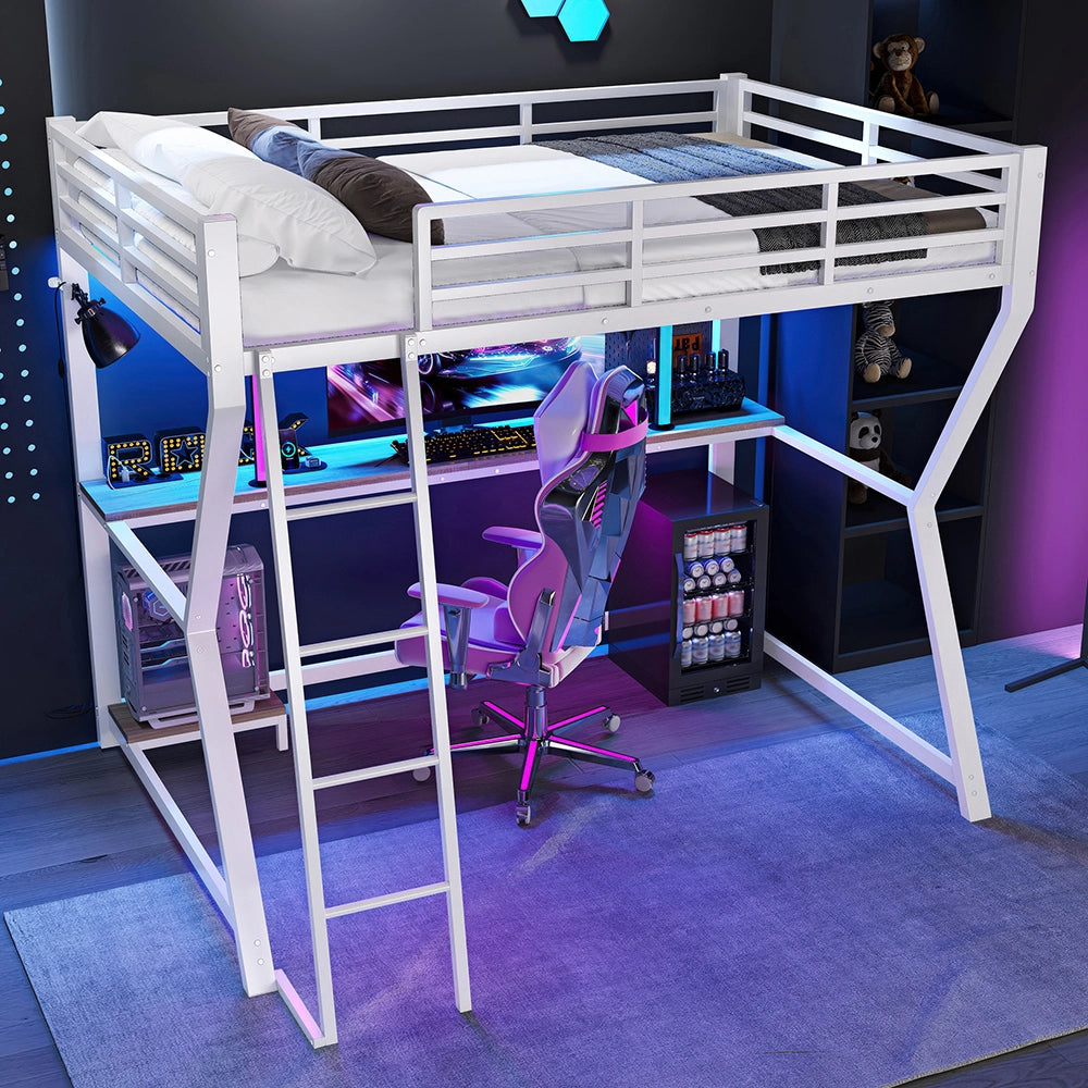 Letto mezzanino 90x200cm - Xylo - bianco, scrivania USB, LED, piattaforma gaming