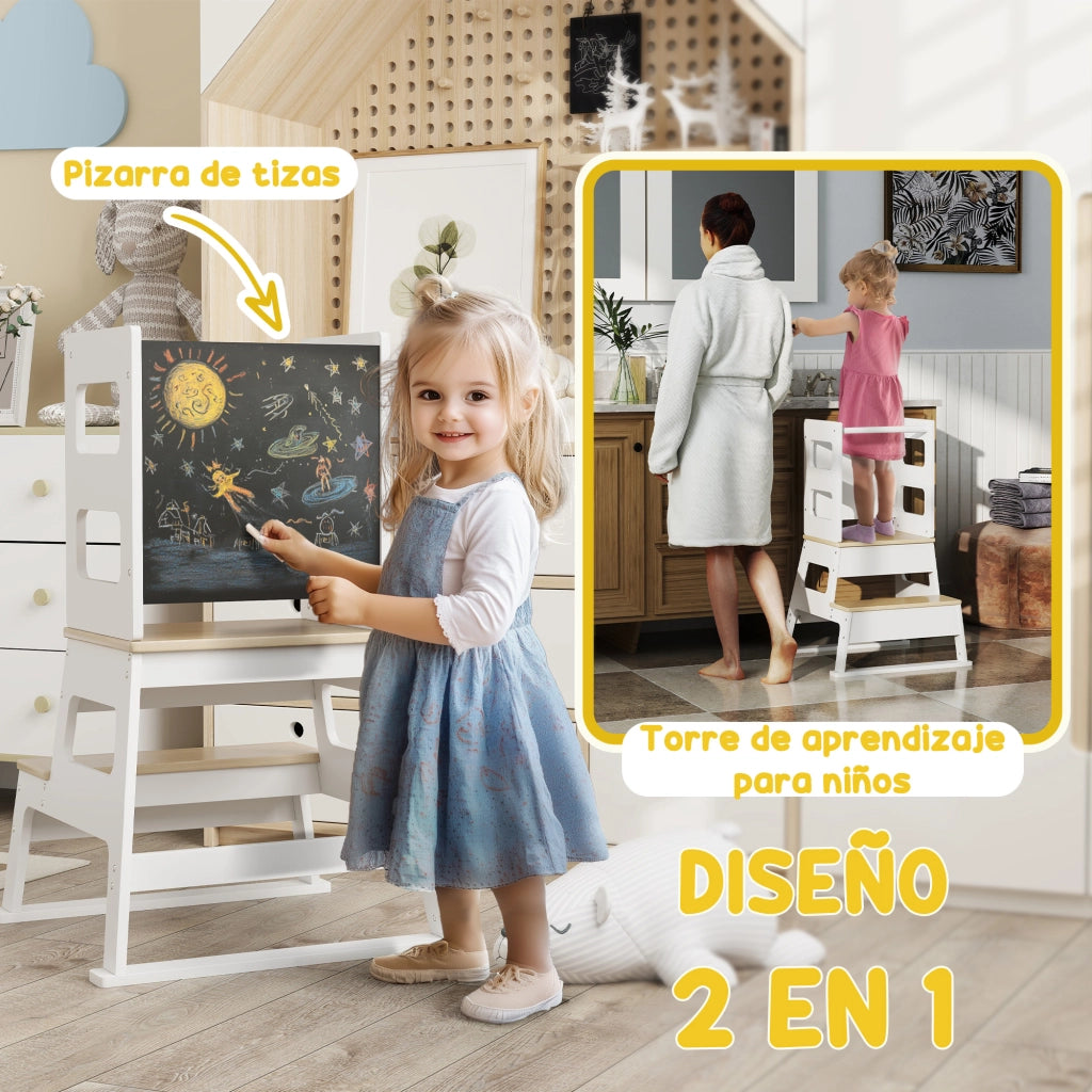 Torre di apprendimento per bambini ¨C zephmum ¨C con pannello lavagna e barriera sicurezza 55x52,5x87,5 cm bianco