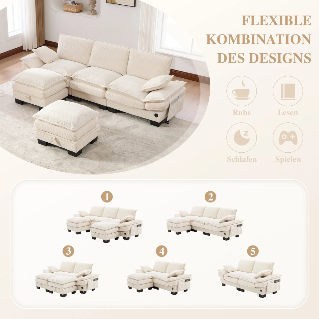 DIVANO Modulare 3 posti 260x132x84 cm in Corduroy Beige con 2 Pouf