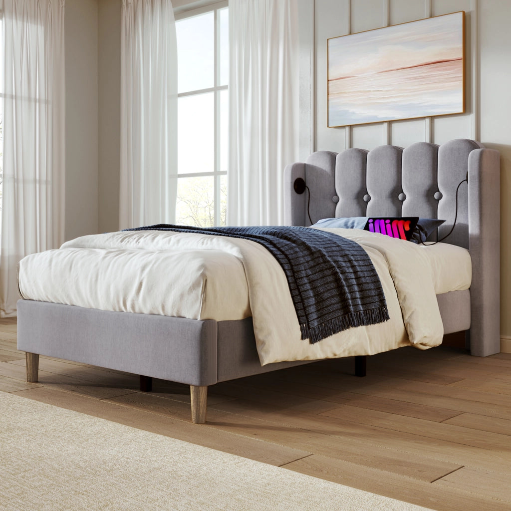 letto imbottito in lino grigio 90 x 200 cm