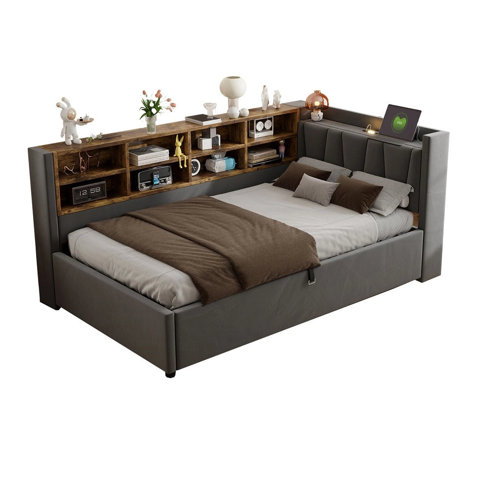 Letto Imbottito Contenitore 90x200 con Luce LED e USB ¨C MINIMAL ¨C Velluto Grigio Scuro