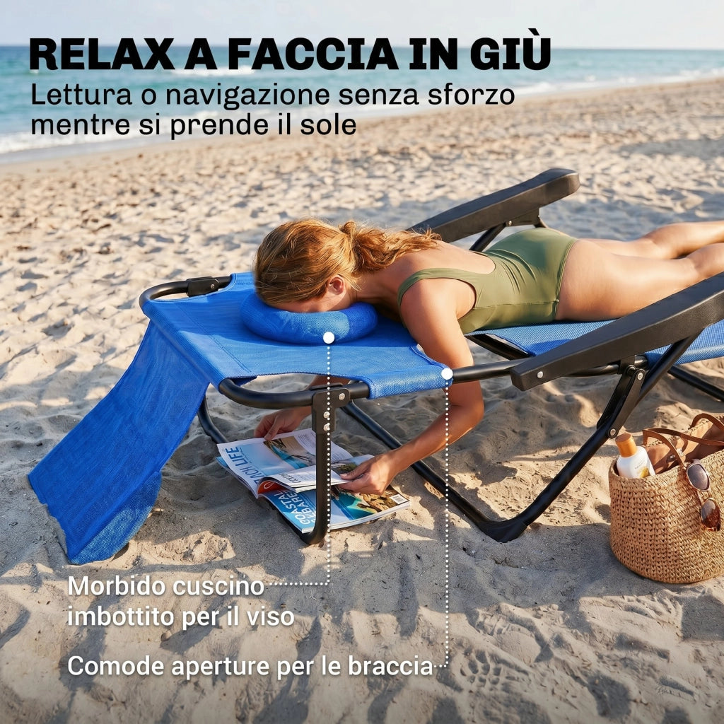 Sdraio da Giardino Pieghevole con Schienale Regolabile, Cuscino e Foro per Viso, Blu Scuro