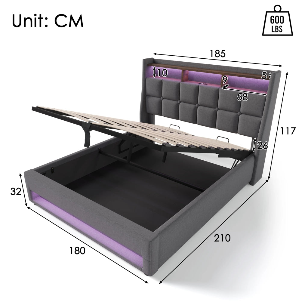 Letto doppio imbottito; 180x200cm; con LED e USB; telaio in tessuto di lino