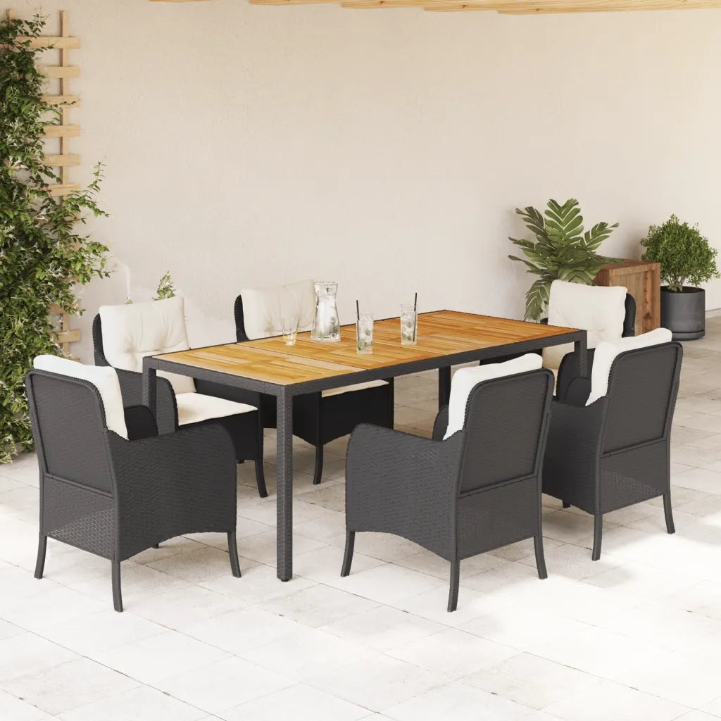 Set da Pranzo da Giardino 7 pz Nero con Cuscini in Polyrattan