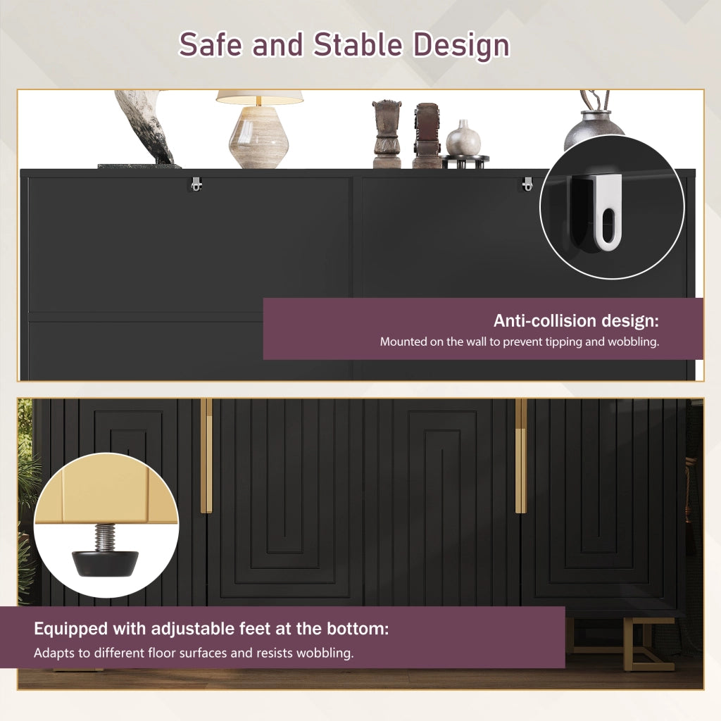 Credenza Sideboard ¨C MINIMAL ¨C Nero, Design Geometrico, Maniglie Dorate, 152x40x75 cm
