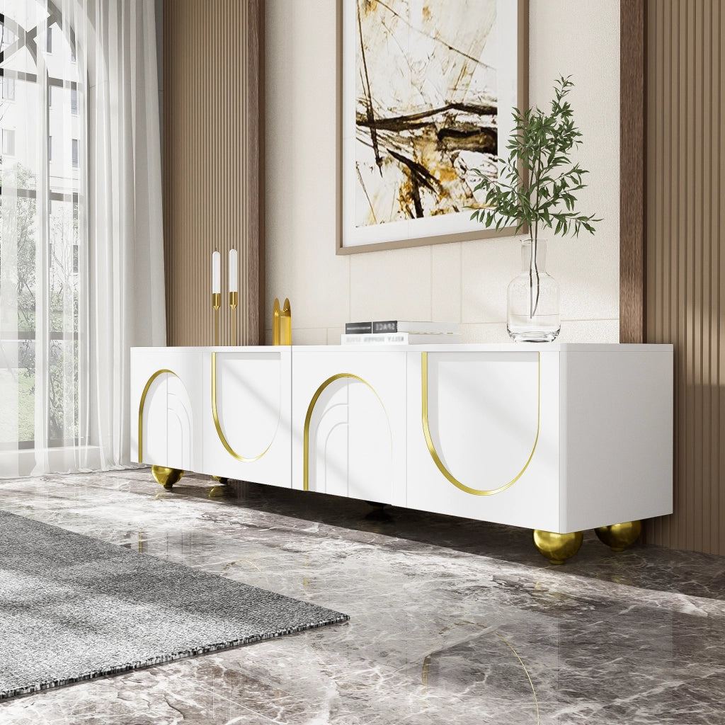 Mobile TV con Cassetti e Ante Strutturate ¨C MINIMAL ¨C Nero/Bianco, Piedini e Maniglie Dorati