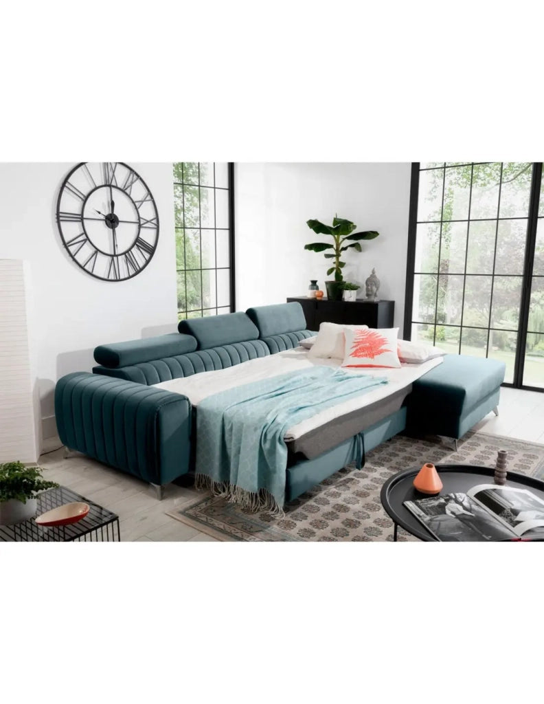 Divano ad angolo destro Blu pavone convertibile 3 posti JAYSON con letto spazioso