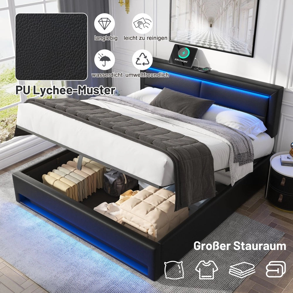 Letto Imbottito con LED e Contenitore ¨C MINIMAL ¨C Nero, 140x190, USB