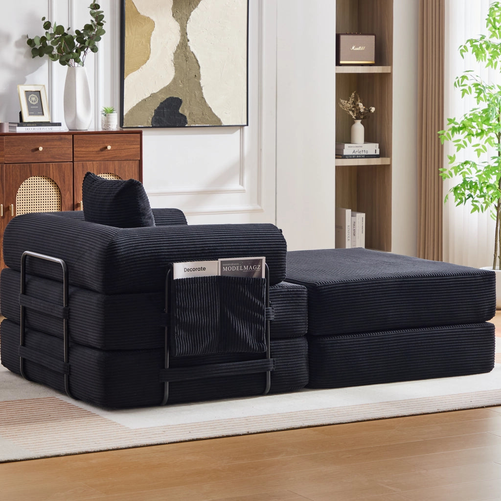 Divano modulare con tasca laterale e cuscino, seduta ergonomica in velluto a coste Nero