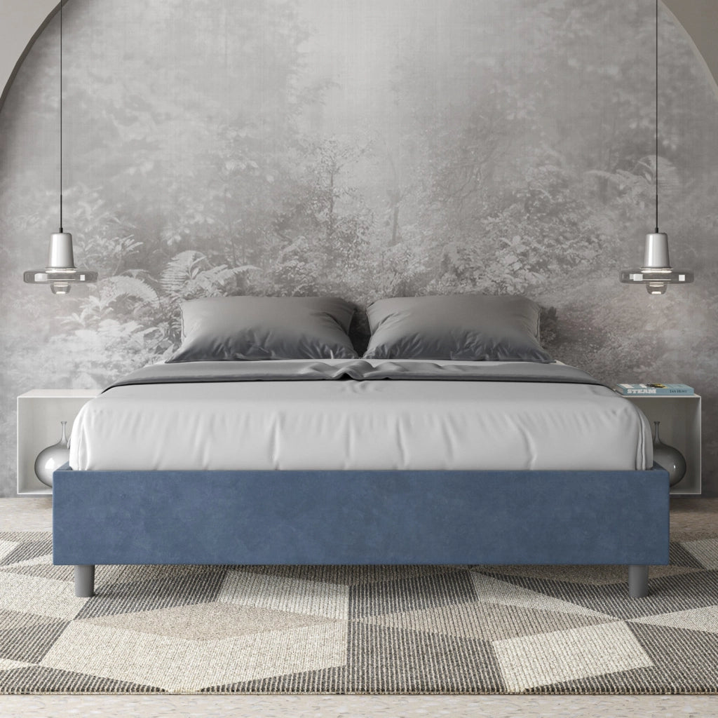 BS COM Letto queen size con rete imbottito 150x200 microfibra blu