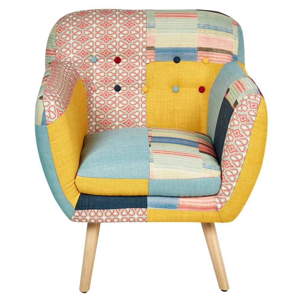 Poltrona Multicolore Tessuto Patchwork Tappezzeria Con Bottoni Retro Sedia Club Stile Retrò