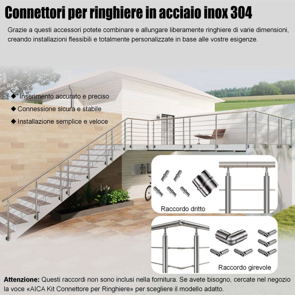 Ringhiera Balaustra Corrimano in acciaio inox 304 spazzolato per scale 120 cm, 5 barre trasversali, fissaggio laterale, per interni ed esterni