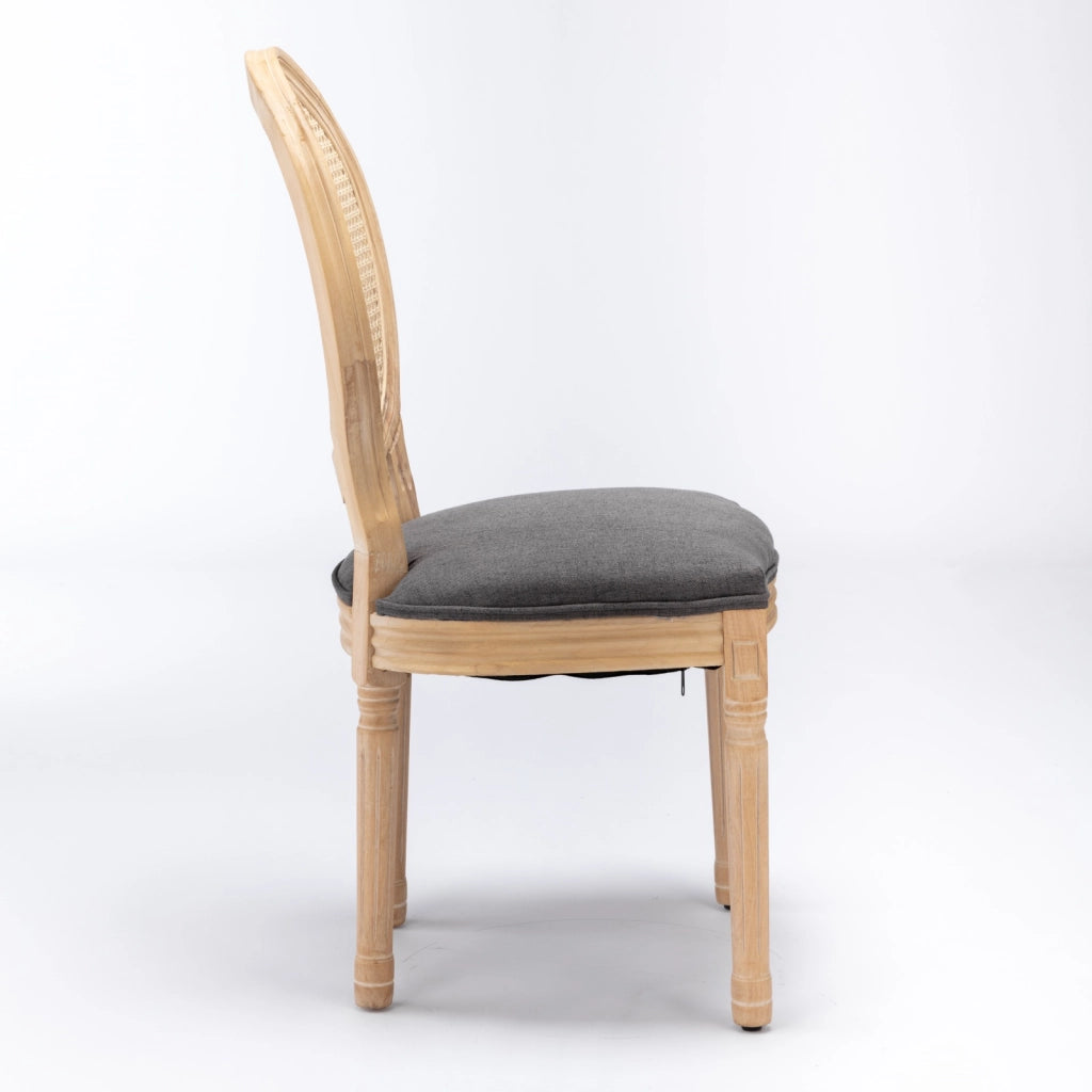 Sedie da Pranzo in Legno Massello con Schienale in Rattan ¨C Xylo ¨C Set 2 Pezzi, Tessuto Lino, Grigio
