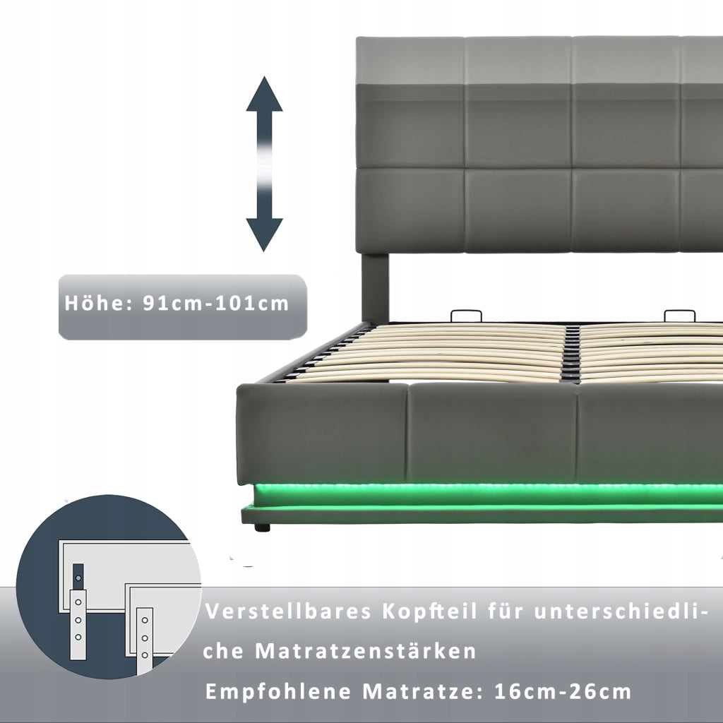 Letto imbottito con LED e ripostiglio - Xylo - 160x200 - Grigio