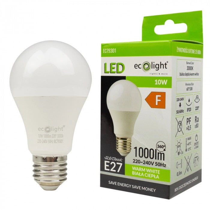 Lampadina LED E27 10W 3000K 900lm opale Ecolight