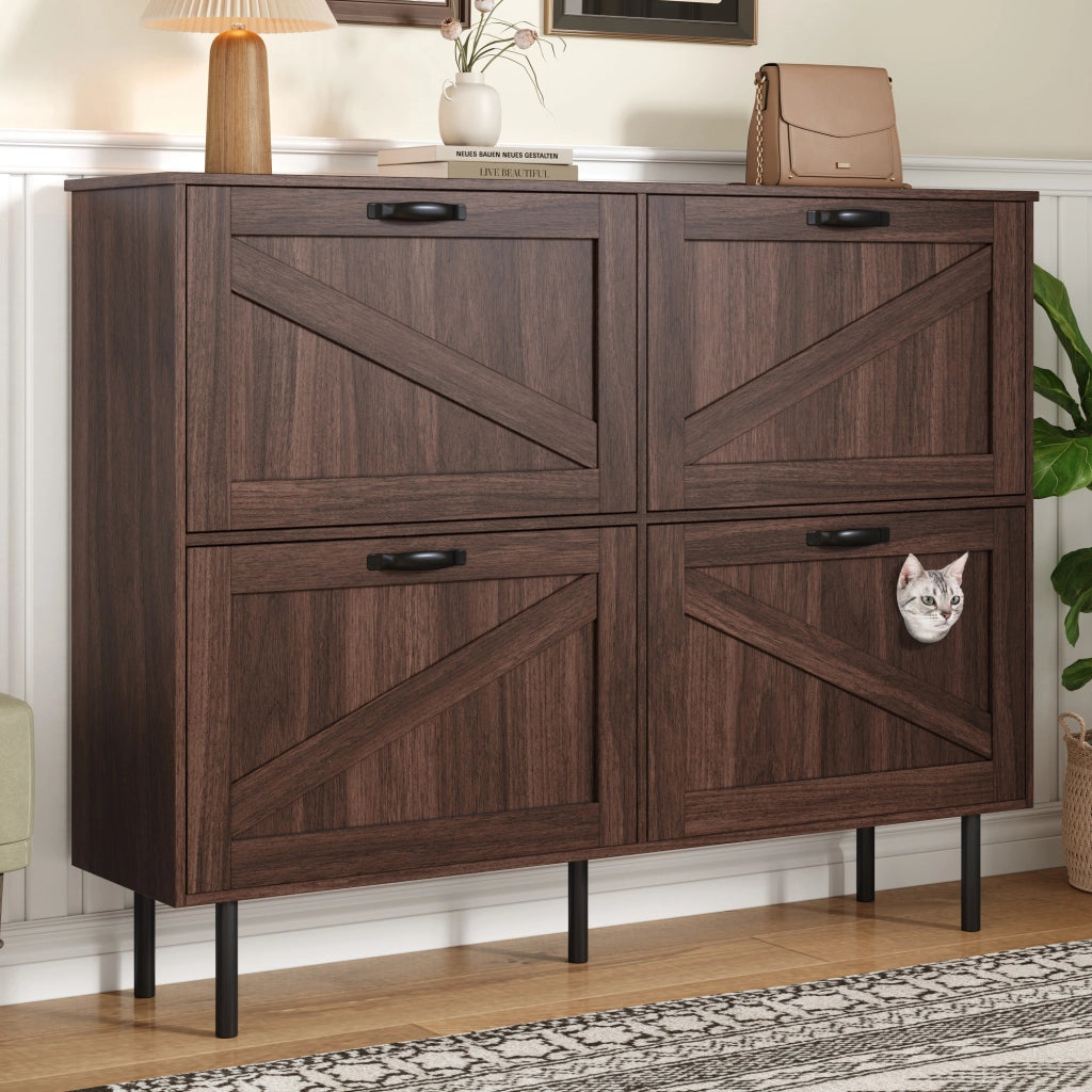 OKWISH Scarpiera con 4 Ante e 3 Ribalte, Gioco Integrato per Gatto, per Ingresso, Noce Naturale 120 x 28 x 92 cm