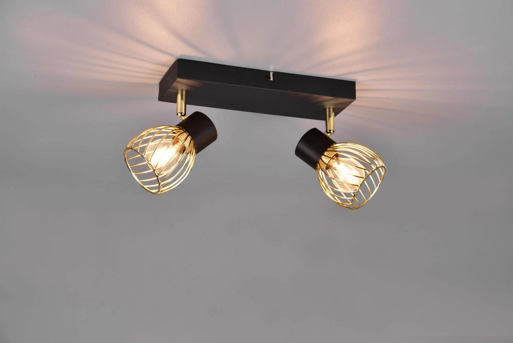 ARDON BARRA 2 FARETTI METALLO NERO CON GABBIA ORO L.29,5CM 2 LUCI ATTACCO E14