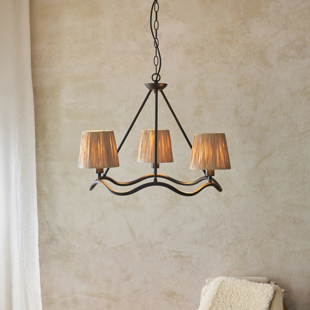 Lampadario WRIGGLE anello ondulato 3 luci rafia nero opaco