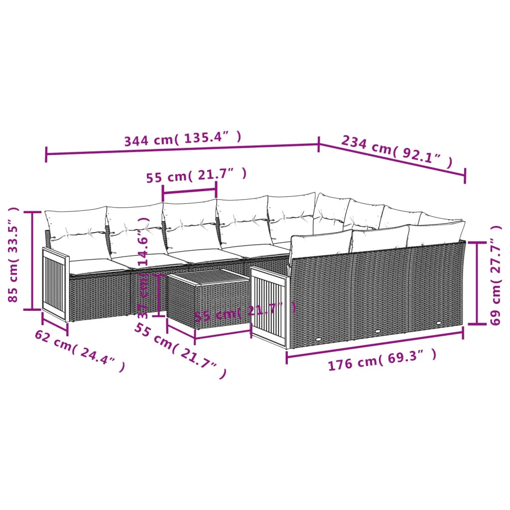 Set Divani da Giardino 11 pz con Cuscini in Polyrattan Nero