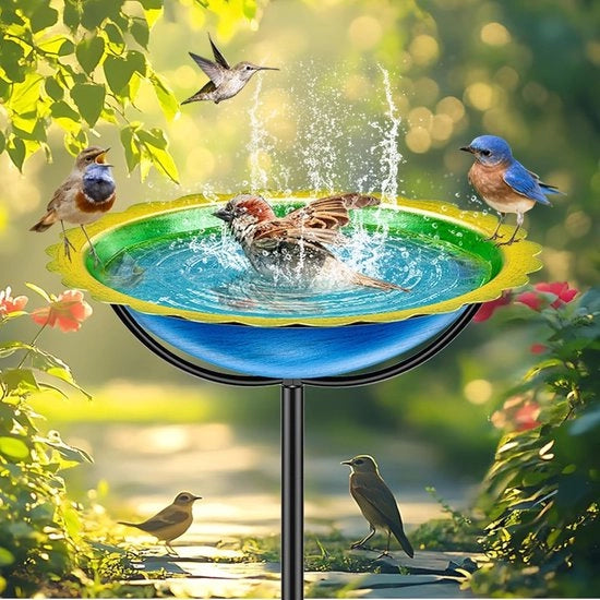 Vogelbad in piedi per esterno, vasca da uccelli metallica con supporto a 4 punti, bacino da uccelli vasca da uccelli stazione di alimentazione per uccelli selvatici giardino (blu-giallo)