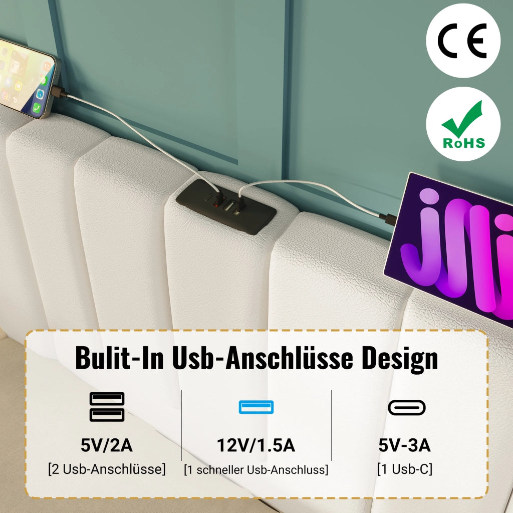 Letto matrimoniale – 180x200 cm – LED APP USBC contenitore – PU bianco