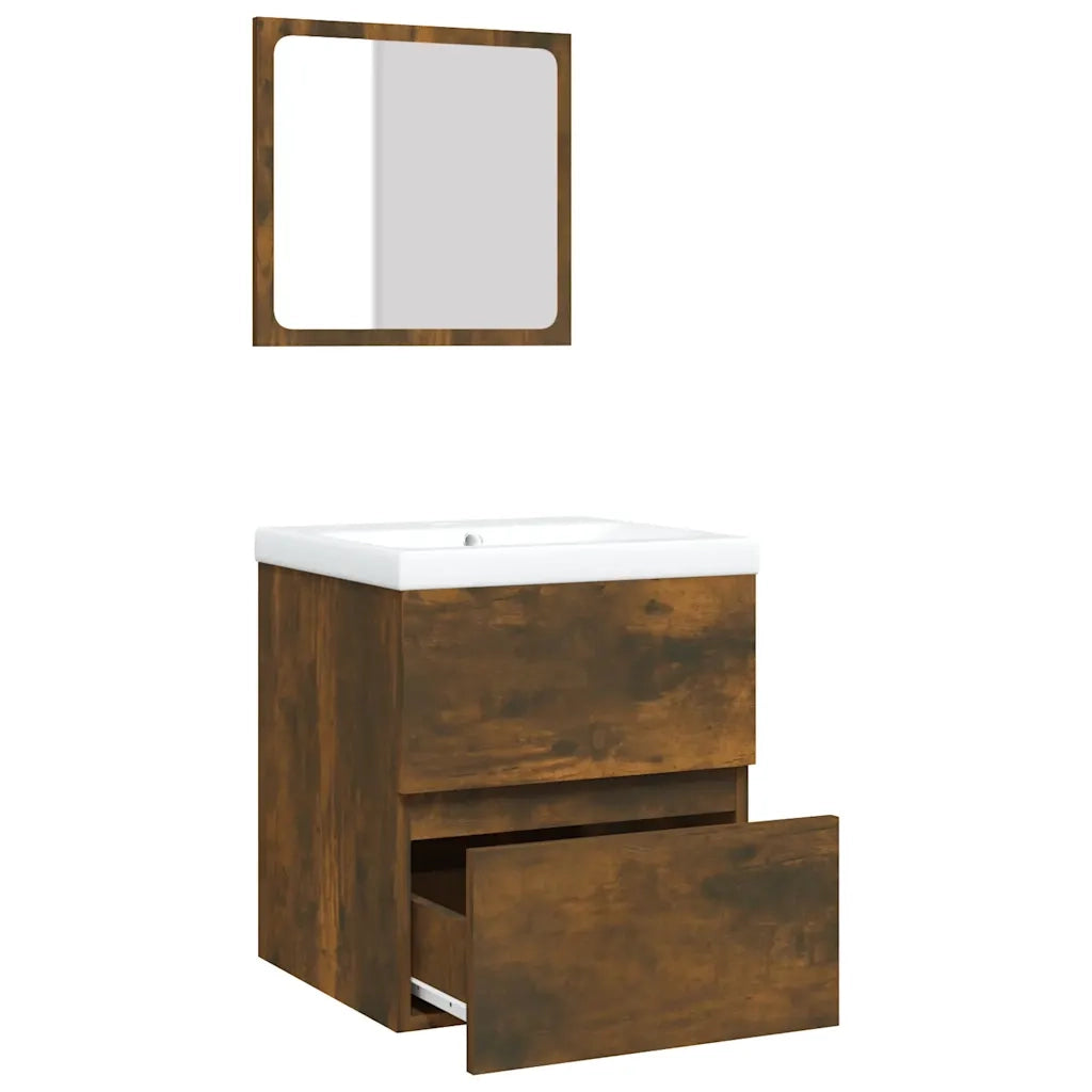 Mobile da Bagno con Lavabo e Specchio Rovere Fumo