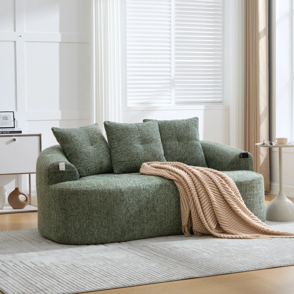 Divano lineare 2 posti con seduta profonda e 3 cuscini in chenille verde 164 × 92 × 60 cm