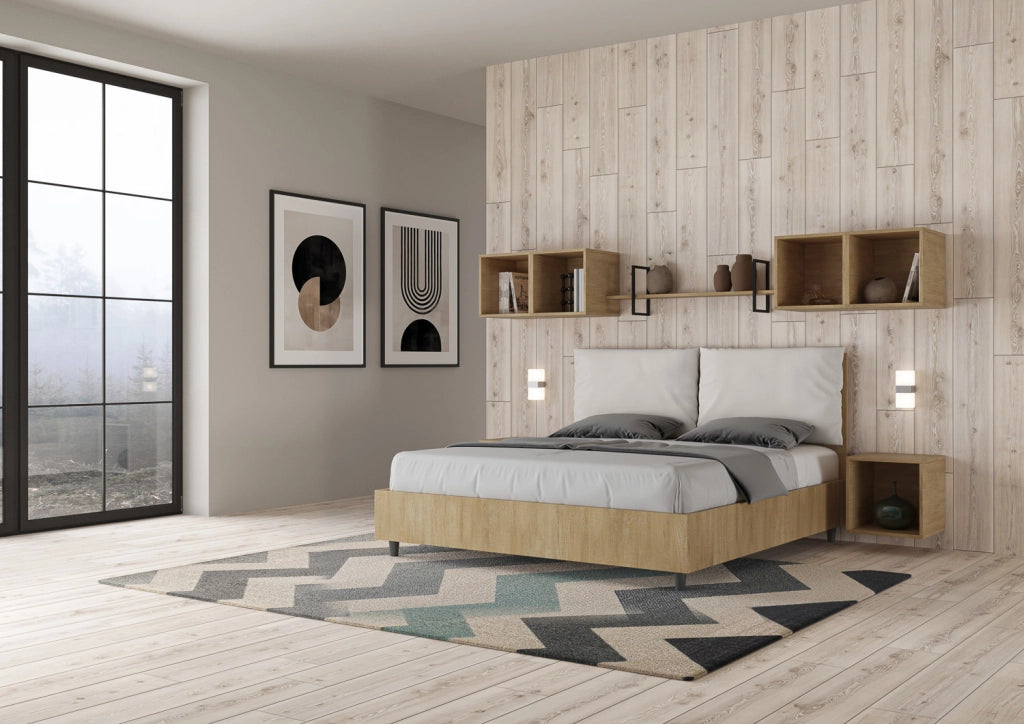 BS COM Letto matrimoniale con rete 160x200 Quercia cuscini similpelle bianco