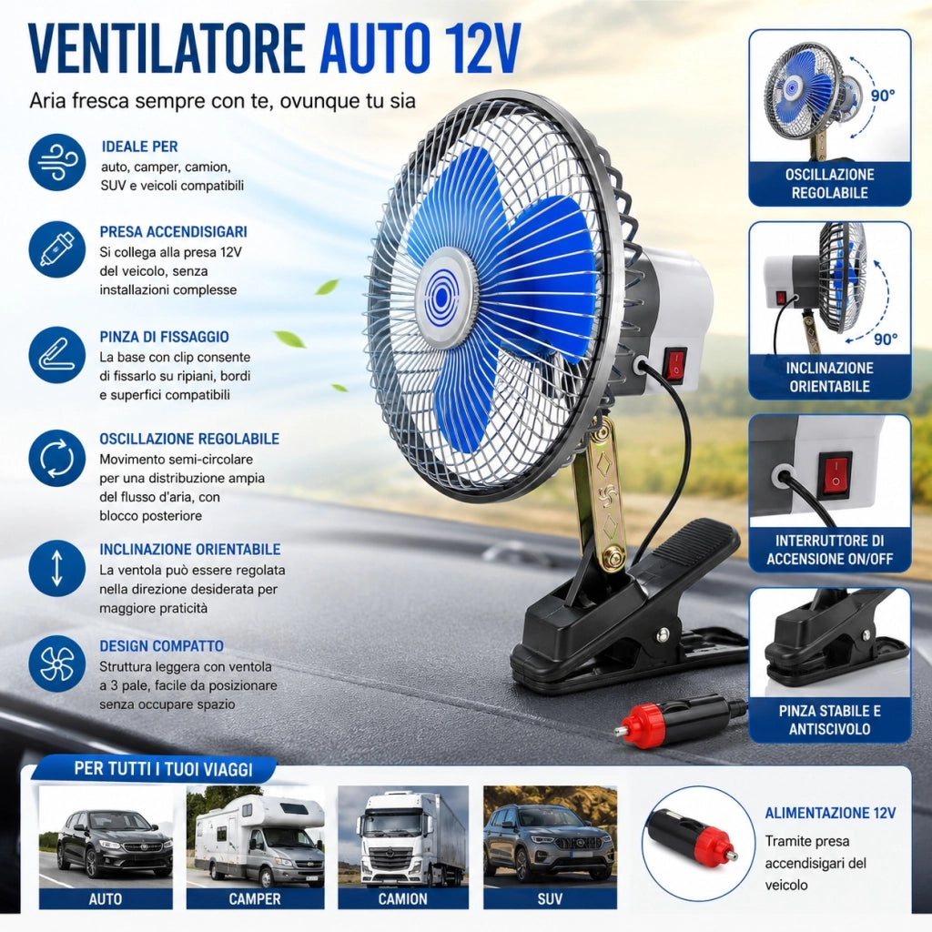 Mini Ventilatore Auto 12V Accendisigari Con Pinza Camper SUV 2002505
