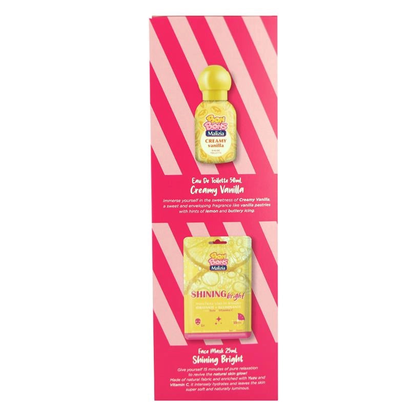 MALIZIA BONBONS CONFEZIONE REGALO  EAU DE TOILETTE CREAMY VANILLA 50ML, MASCHERA VISO SHINING BRIGHT 25ML + SLEEPING MASK PINK