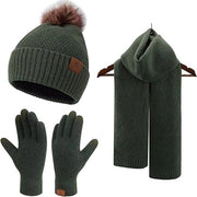 Set di guanti e sciarpa per donne con guanti touchscreen, sciarpa lunga calda e berretto con pompon e copricapo a maglia.