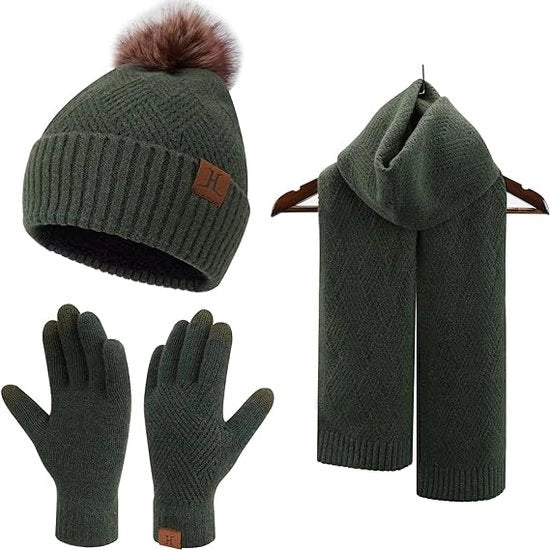 Set di guanti e sciarpa per donne con guanti touchscreen, sciarpa lunga calda e berretto con pompon e copricapo a maglia.