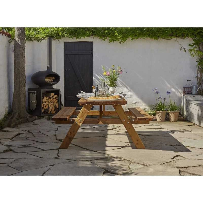 Tavolo picnic in legno con panche integrate, set 6 posti pino impregnato per giardino e terrazzo - Esterni da Vivere