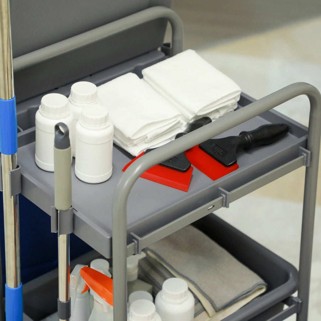 Carrello Pulizie Professionale 2 Secchi con Strizzatore e 3 Ripiani Grigio Blu e Arancione