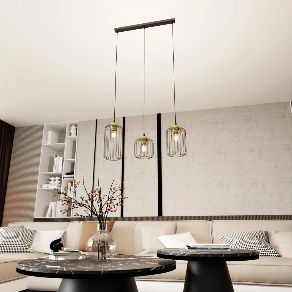 Sospensione Minimal Industrial Minerva 3 Luci Lineari Nera E Oro