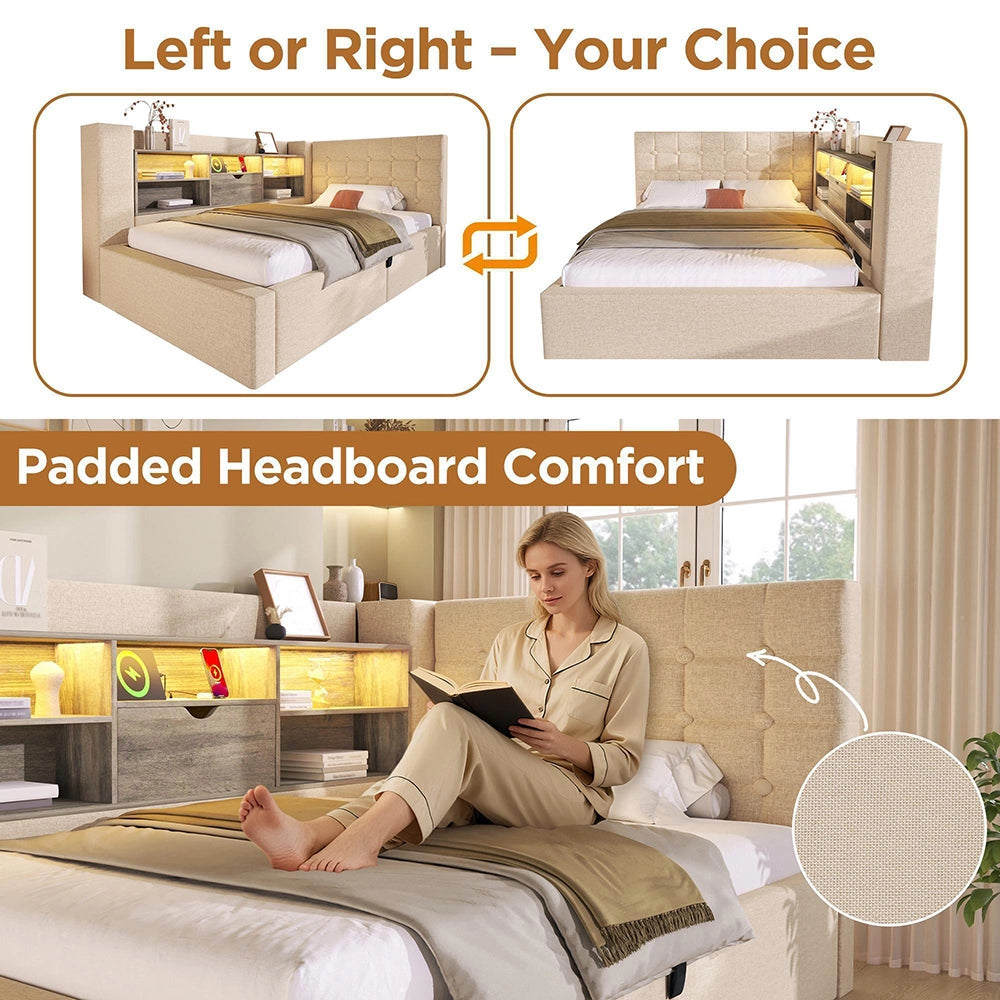 Letto imbottito-Xylo-140x200cm LED idraulico testiera a L lino beige senza materasso