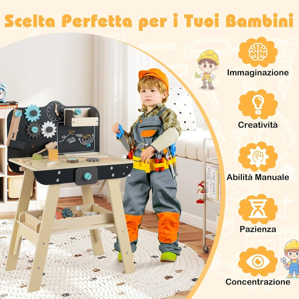 Banco da Lavoro in Legno per Bambini, Set Attrezzi Giocattolo con Martello, Cesello, Chiave Inglese, Ripiani e Ganci per Archivio, Tavolo da Lavoro Giocattolo Officina 3+ Anni