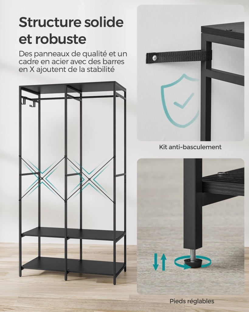 Armadio portatile per vestiti ripiani pieghevoli in metallo con asta e gancio rimovibile 40 x 945 x 180 cm nero 12_0004045