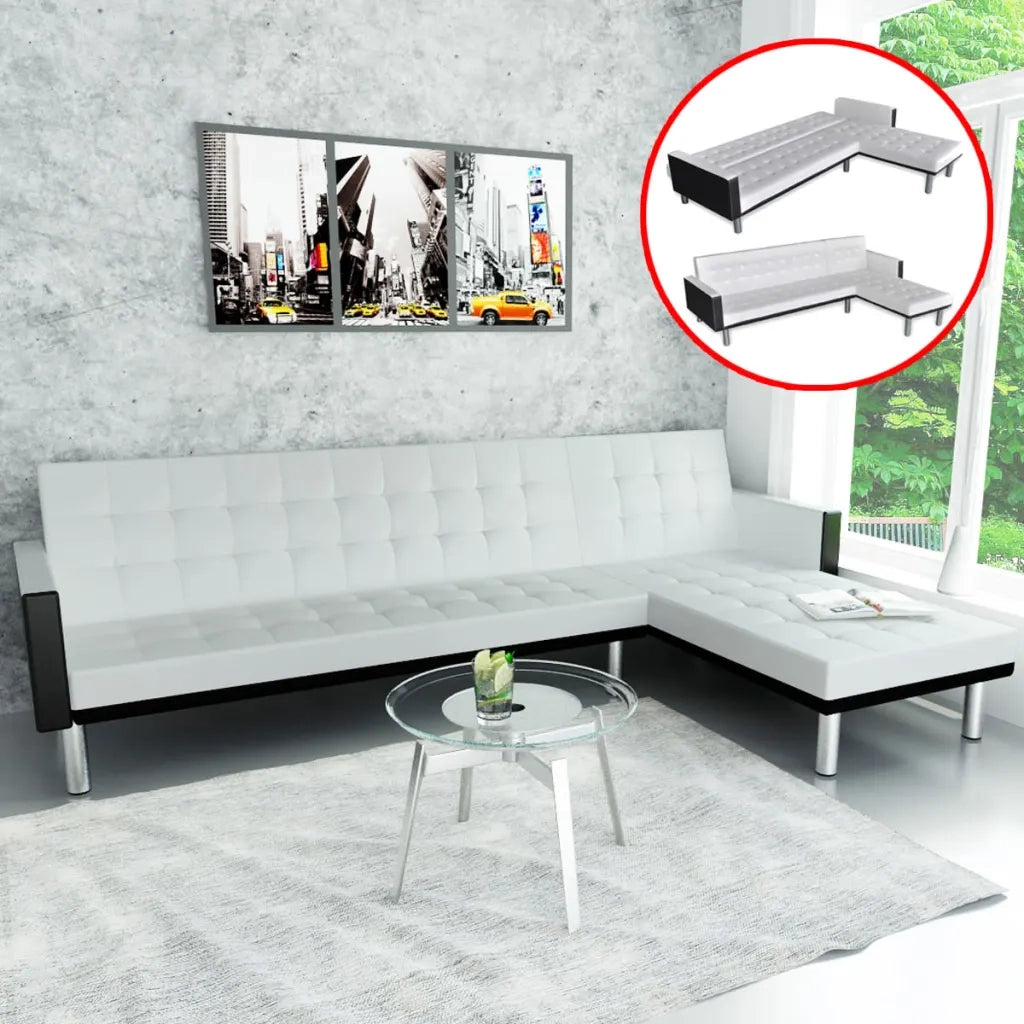 Divano Letto a L in Pelle Artificiale Bianco 244329