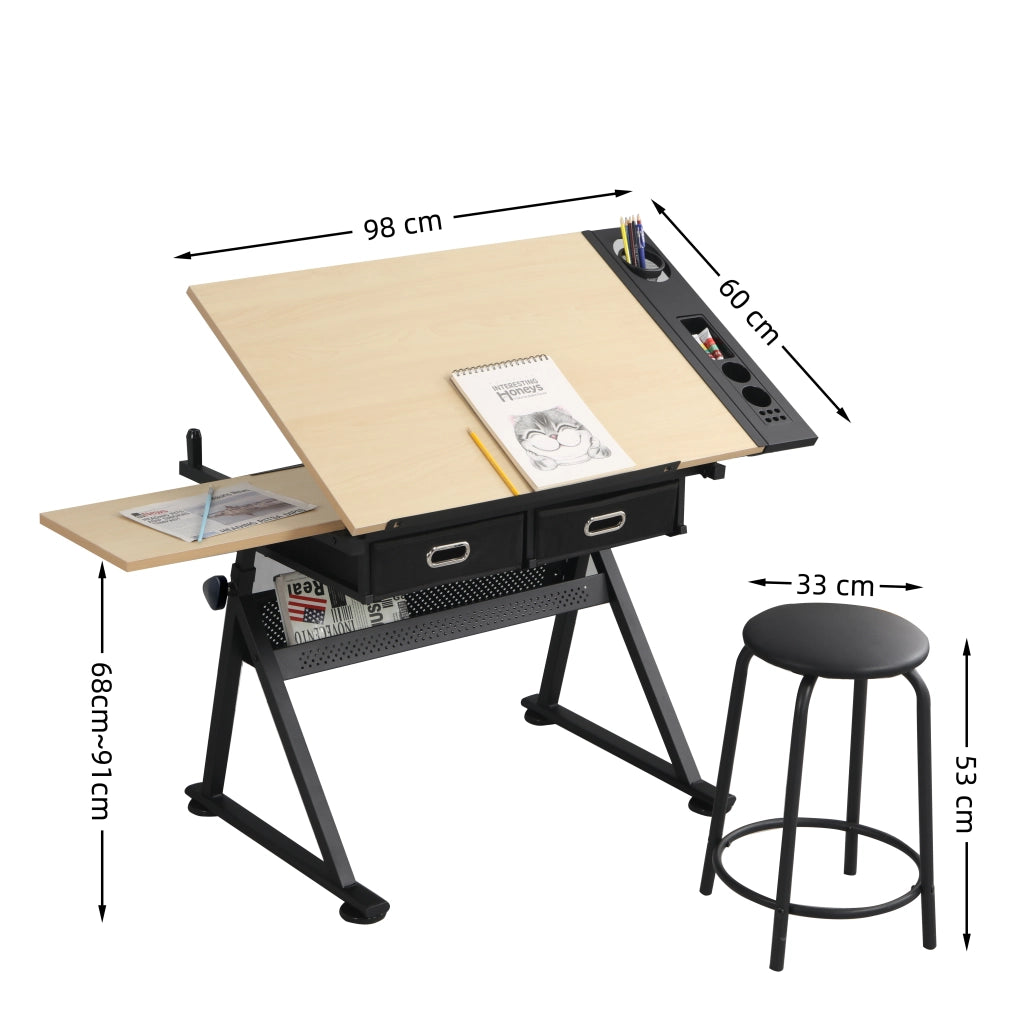 Scrivania Regolabile con 2 Cassetti e Sgabello ¨C MINIMAL ¨C Legno Acero