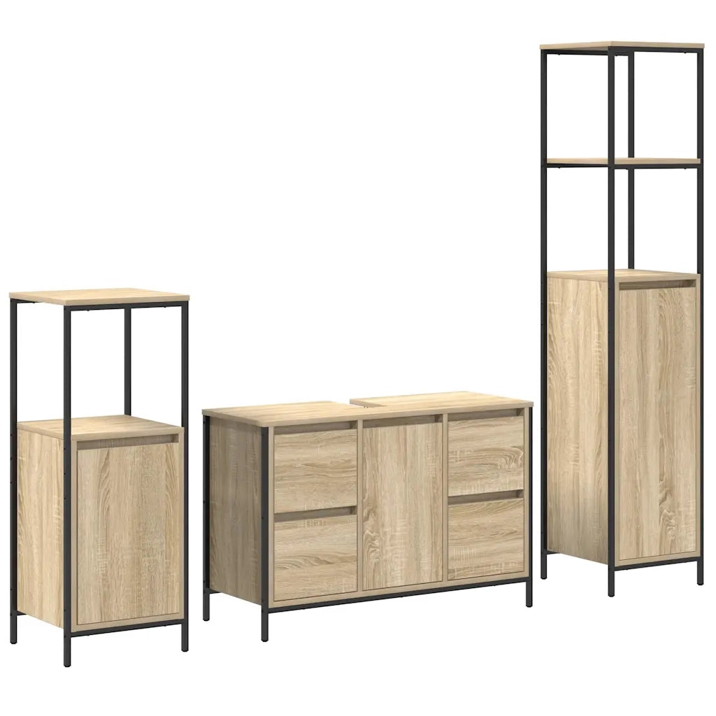 Set di mobili per il Bagno | Armadio da bagno con porta 3 pz Rovere Sonoma e Nero