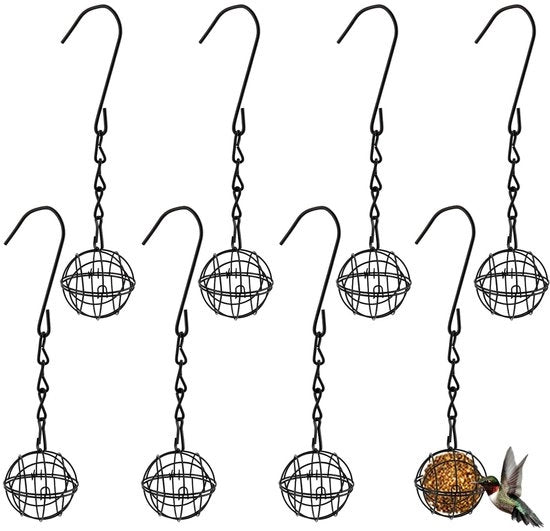 Casa Alimentare per Uccelli 7 cm - Casa Alimentatore Metallica per Uccelli - Casa Alimentatore Sospesa - Set di 8 Alimenti per Uccelli Grassi - Nero - Materiale in Acciaio Duraturo