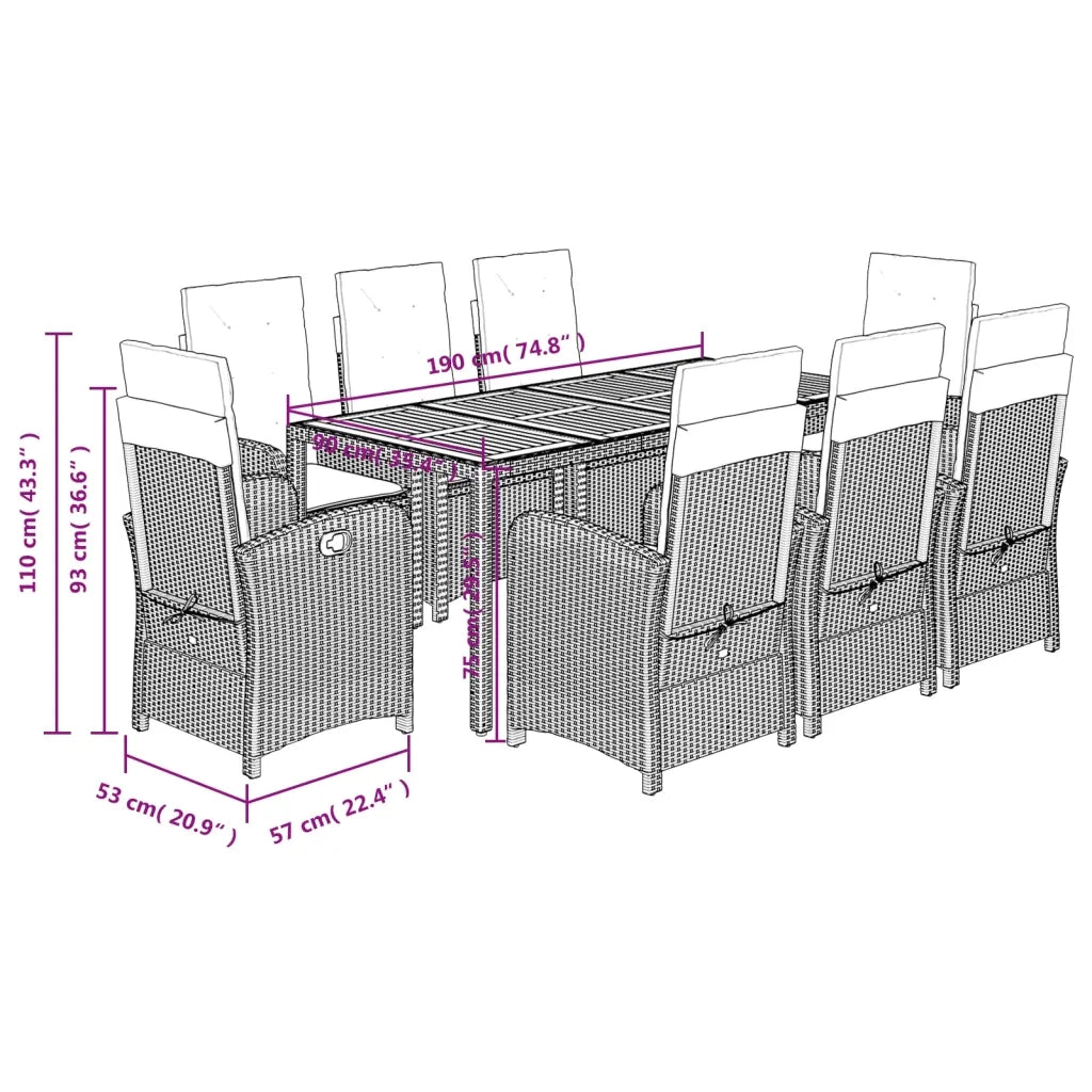 Set da Pranzo da Giardino 9 pz con Cuscini Nero in Polyrattan 3212237