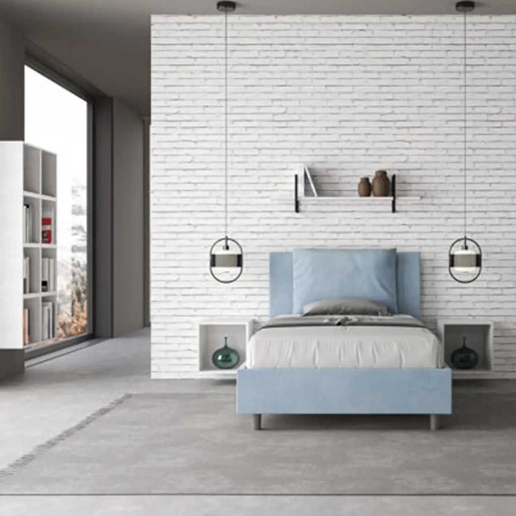 Letto una piazza e mezza con rete imbottito 120x210 microfibra azzurro Antea