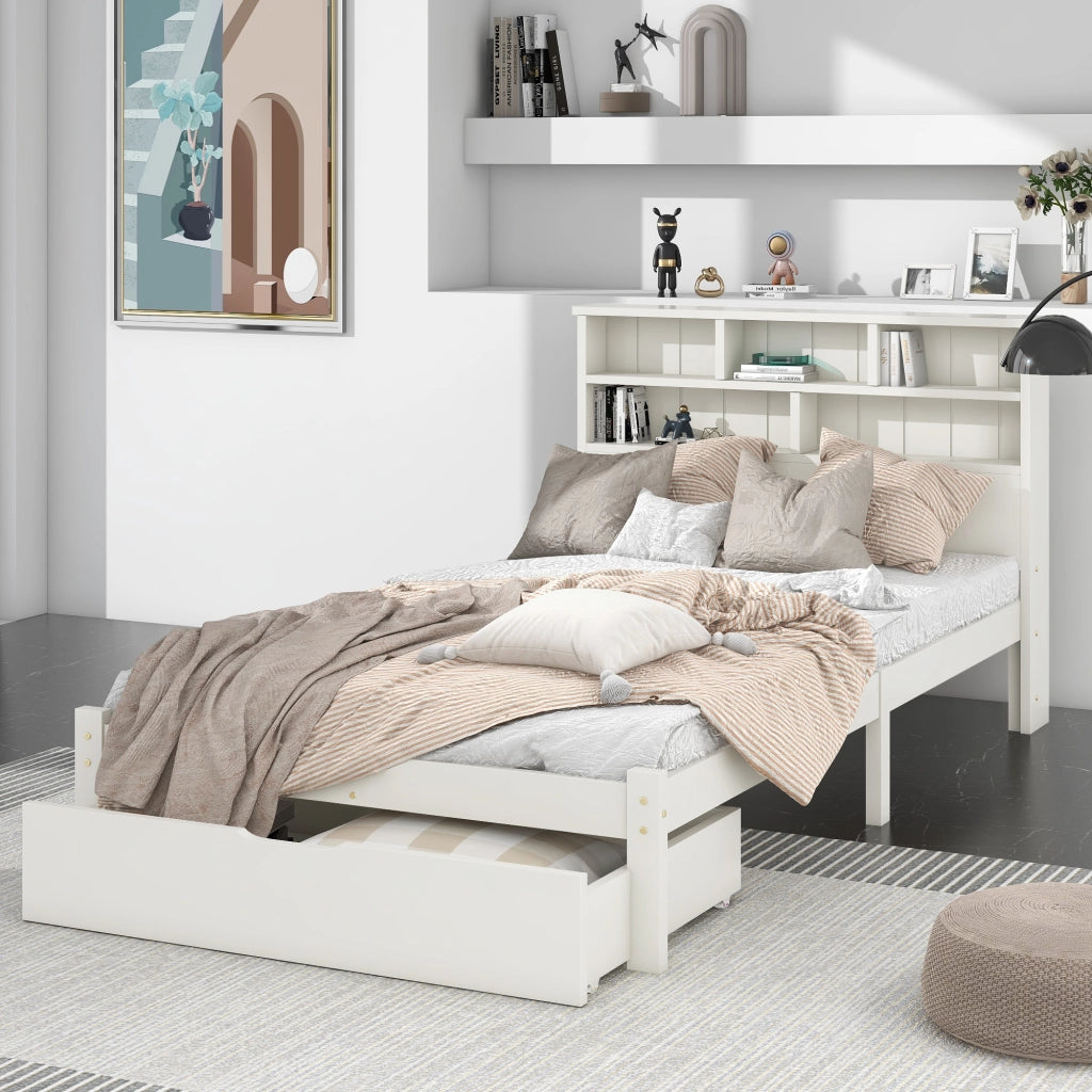 LETTO singolo 90x200 cm con cassetti e testiera libreria bianco