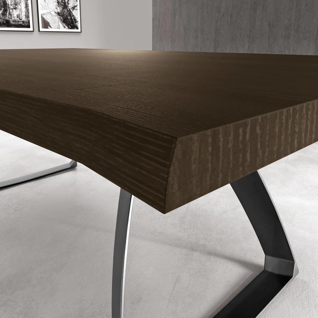 Tavolo da pranzo fisso Bridge 160x90 cm, piano in legno impiallacciato rovere termocotto e gambe in metallo verniciato nero - Linea Bridge