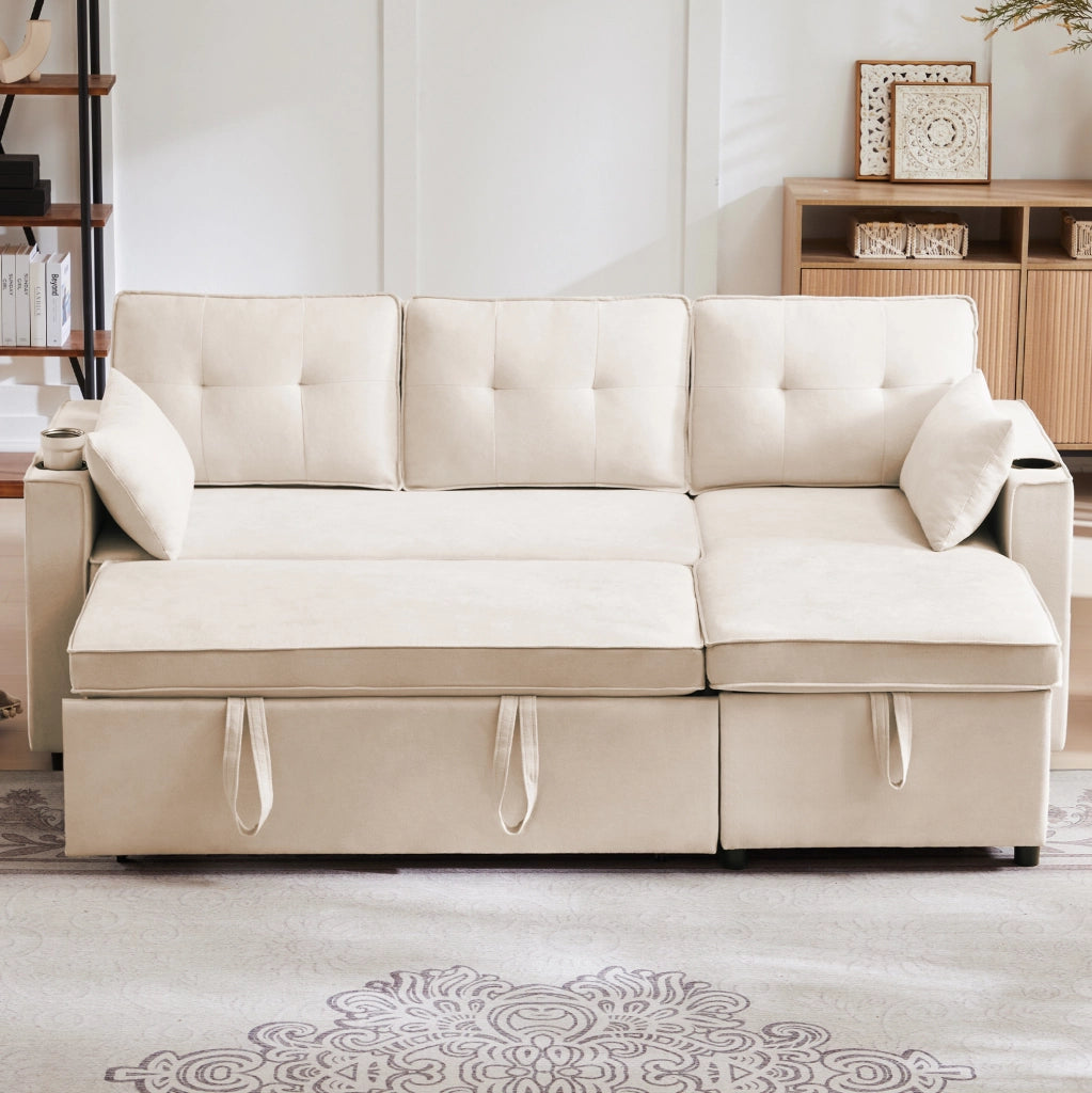 Divano letto angolare reversibile 211x130x86 cm in cotone e lino; beige con contenitore