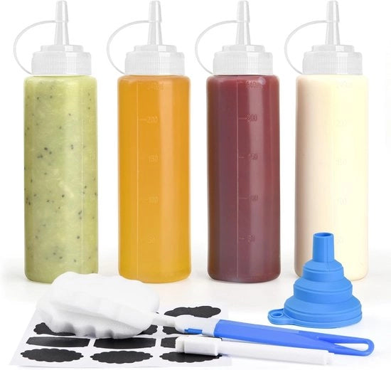Set di 4 bottiglie a compressione da 250 ml per ketchup, olio e salse – bottiglie a compressione in plastica per BBQ, cucina e griglia