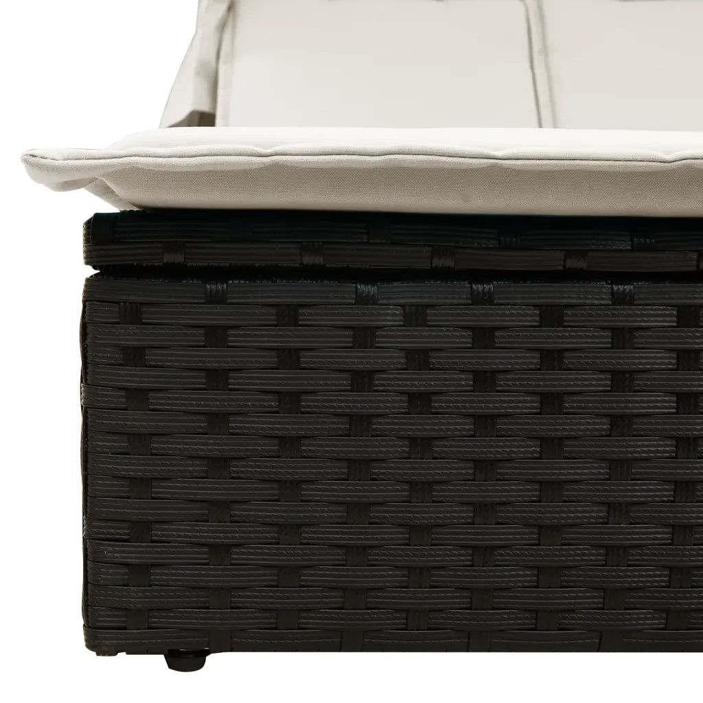 Lettino Prendisole | Sdraio da giardino | Lettino da sole Doppio Baldacchino e Cuscini Nero Polyrattan